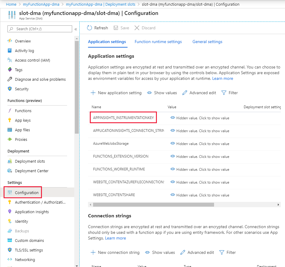 Konfigurieren der Anwendungseinstellung für einen Slot im Azure-Portal.