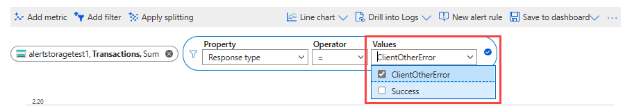 Screenshot that shows the dropdown list for filter values in metrics explorer.