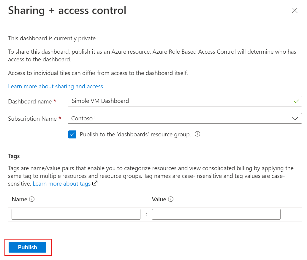 Screenshot: Veröffentlichen eines Azure-Portal-Dashboards.