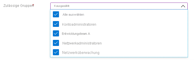 Screenshot: Benutzeroberflächenelement „Microsoft.Common.DropDown“ mit aktivierter Mehrfachauswahl einschließlich einer Option „Alle auswählen“