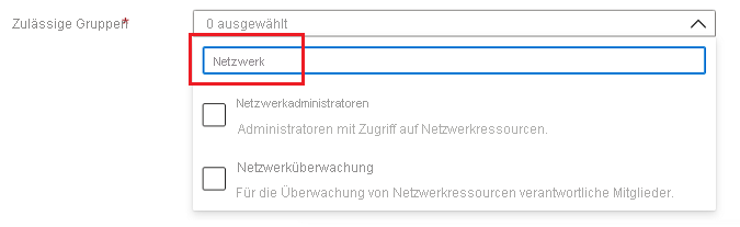 Screenshot: Benutzeroberflächenelement „Microsoft.Common.DropDown“ mit aktivierter Mehrfachauswahl und aktivierter Filterung