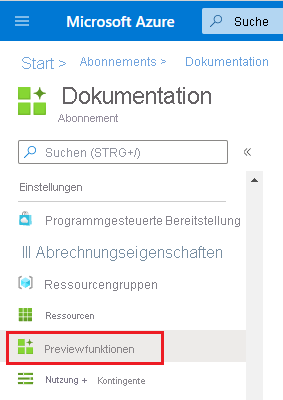 Azure-Menü „Previewfunktionen“.