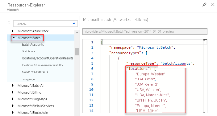 Screenshot: Anzeigen von gültigen Standorten für einen Ressourcentyp im Azure-Ressourcen-Explorer