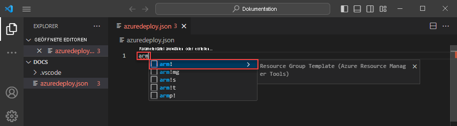 Screenshot: Codeausschnitte des Azure Resource Manager-Gerüsts