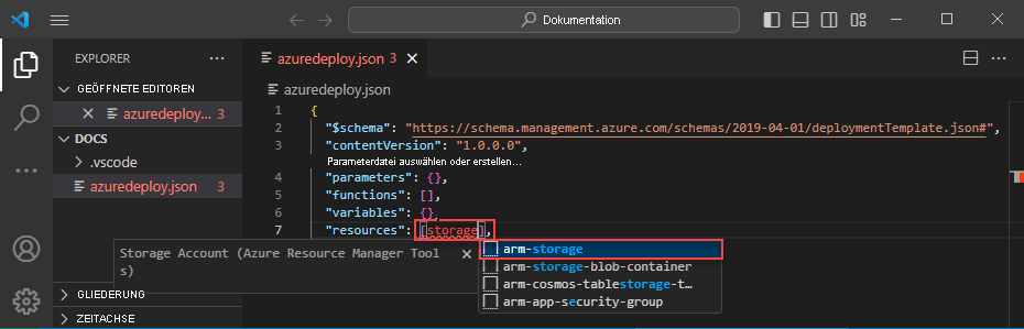 Screenshot: Hinzufügen einer Ressource zur ARM-Vorlage