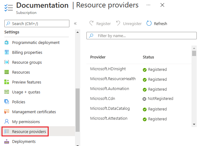 Screenshot des Azure-Portals mit den Einstellungen eines Abonnements, wobei die Option „Ressourcenanbieter“ hervorgehoben ist.