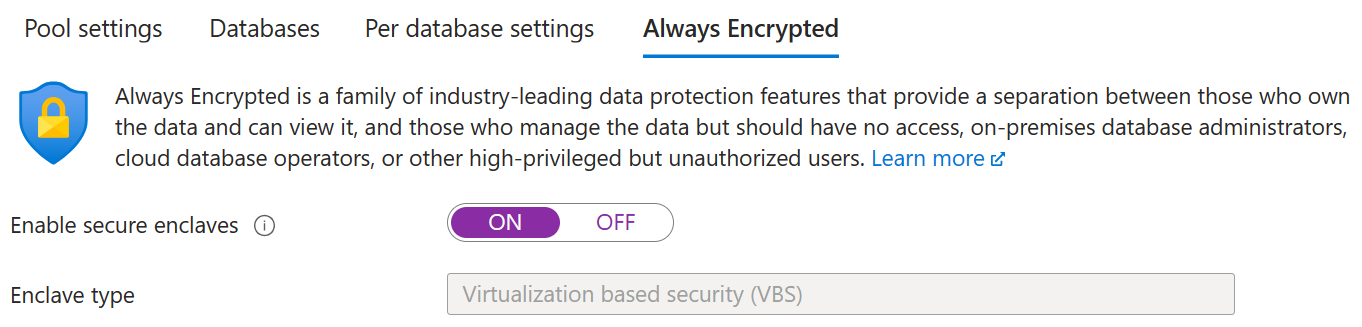 Screenshot: Aktivierung einer VBS-Enclave für einen Pool für elastische Datenbanken.