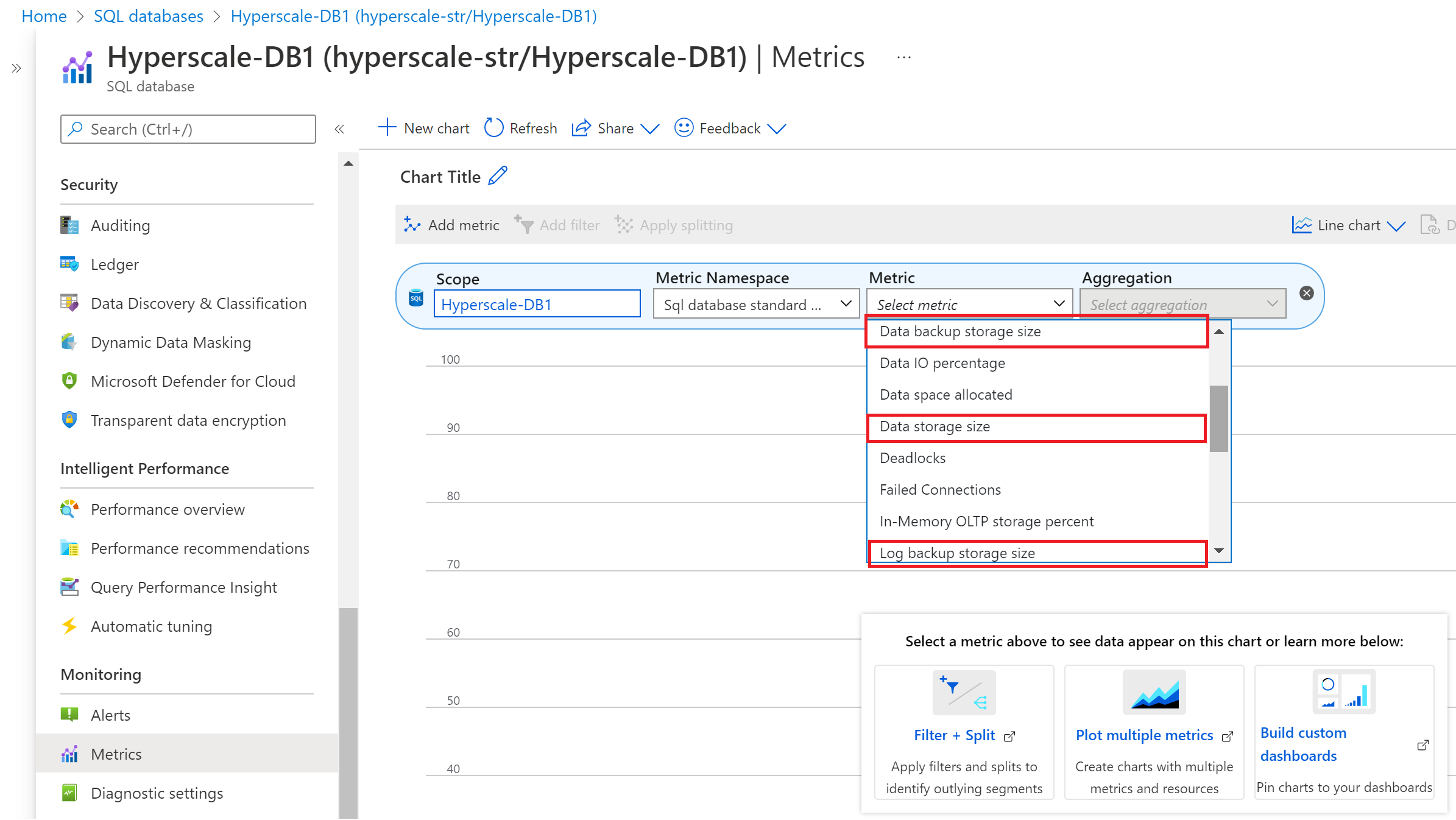 Screenshot des Azure-Portals, der die Auswahl für die Anzeige des Hyperscale-Sicherungsspeicherverbrauchs zeigt.