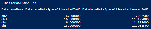 Screenshot der Ausgabe des zugehörigen PowerShell-Cmdlets mit zugewiesenem elastischem Pool und nicht genutztem zugewiesenem Speicherplatz.