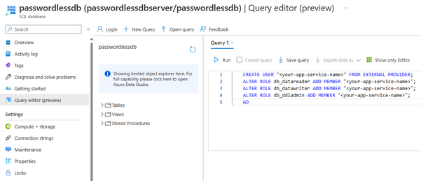 Screenshot, der zeigt, wie der Azure Query Editor verwendet wird.