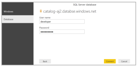 Screenshot: Dialogfeld „SQL Server-Datenbank“, in dem Sie einen Benutzernamen und ein Kennwort eingeben können.