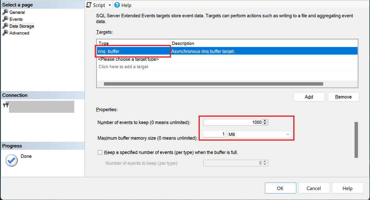 Screenshot des Dialogfelds „Neue Sitzungs-SSMS“ mit der Seite „Datenspeicherauswahl“ mit ausgewähltem ring_buffer-Ziel.