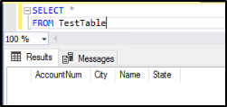 Screenshot der Registerkarte „Ergebnisse“ im SSMS-Objekt-Explorer mit den Tabellenspaltenüberschriften „AccountNum“, „City“, „Name“ und „State“