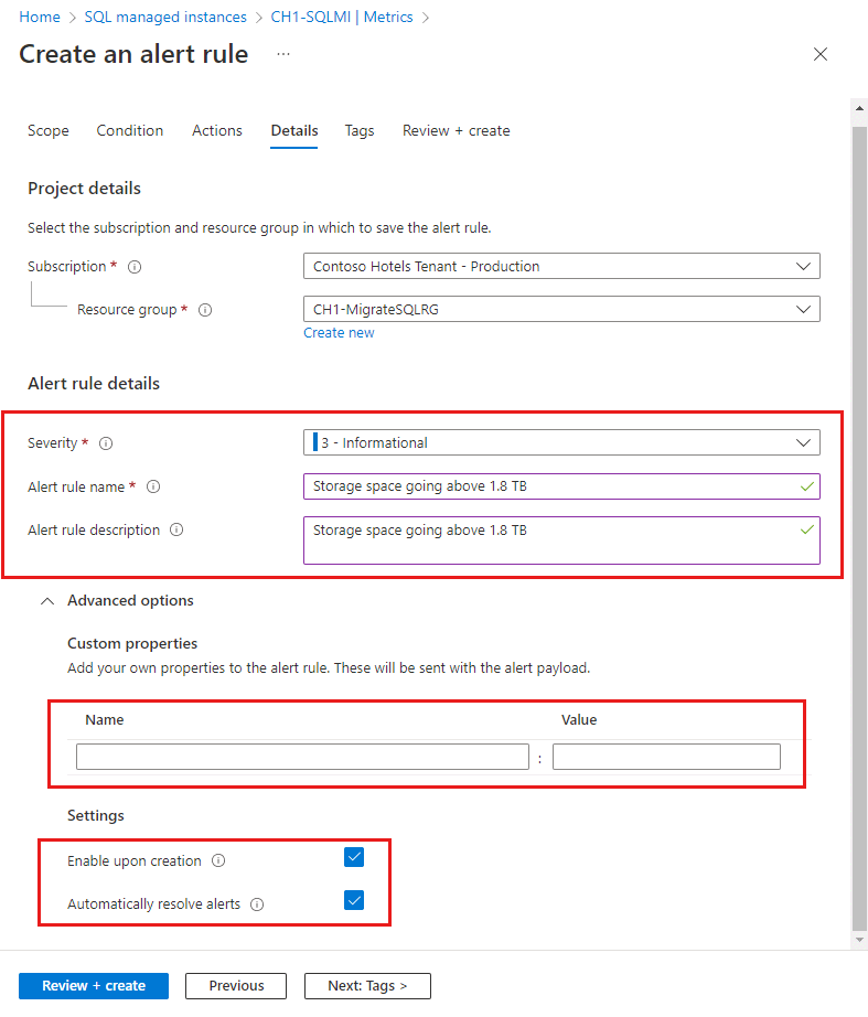 Screenshot der Registerkarte „Details“ im Dialogfeld „Warnung erstellen“ im Azure-Portal