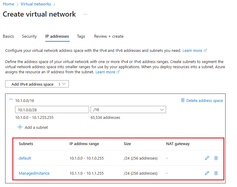 Screenshot des Adressraums für ein neues virtuelles Netzwerk im Azure-Portal.