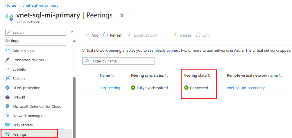 Screenshot des Status des Peerings virtueller Netzwerke auf der Peeringsseite im Azure-Portal.