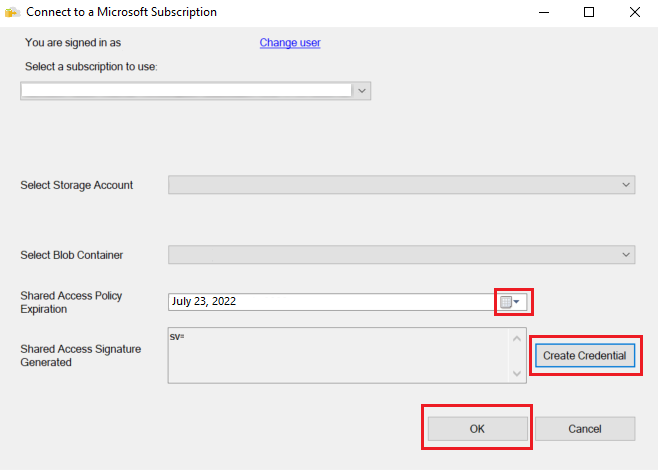 Screenshot: Dialogfeld „Herstellen einer Verbindung mit einem Microsoft-Abonnement“. „Anmeldeinformation erstellen“, „OK“ und das Feld „Ablauf der Richtlinie für den gemeinsamen Zugriff“ sind hervorgehoben.