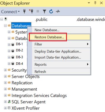 Screenshot: Objekt-Explorer in SSMS. Der Ordner „Databases“ ist ausgewählt. In seinem Kontextmenü ist „Datenbank wiederherstellen“ ausgewählt.