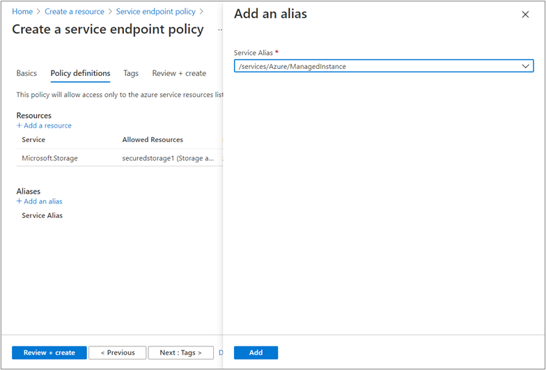 Hinzufügen eines Alias zu einer Dienstendpunktrichtlinie