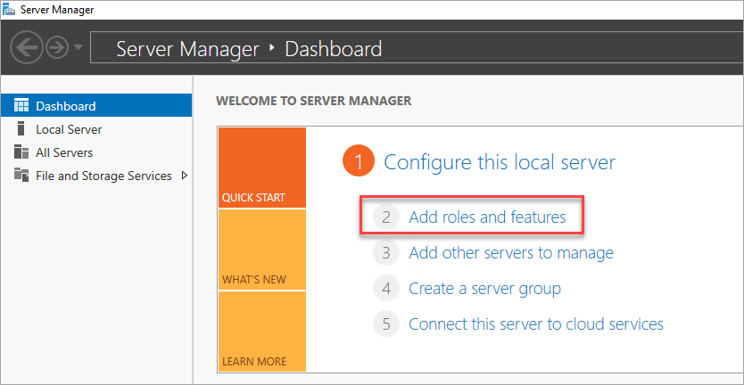 Screenshot: Dashboard „Server-Manager“ mit dem Link zum Hinzufügen von Rollen und Features