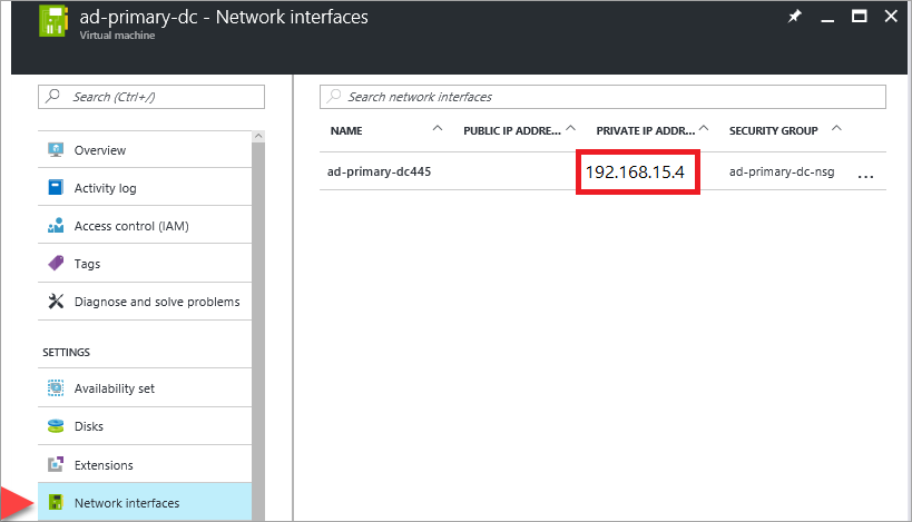 Screenshot einer privaten IP-Adresse im Azure-Portal