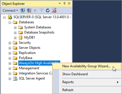 Screenshot: Der Objekt-Explorer in SSMS mit der Tastenkombination zum Starten des Assistenten für neue Verfügbarkeitsgruppen