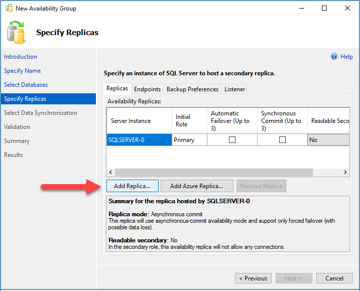 Screenshot: Schaltfläche zum Hinzufügen eines Replikats im Assistenten für neue Verfügbarkeitsgruppen in SSMS