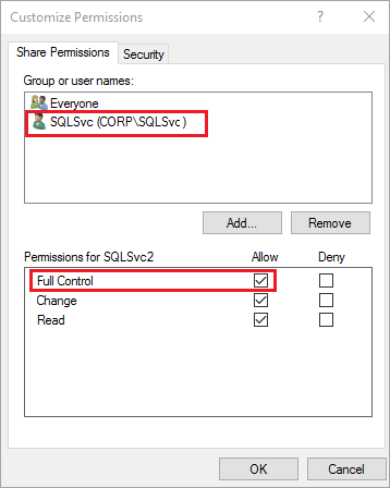 Screenshot des Dialogfeldes „Berechtigungen anpassen“. Stellen Sie sicher, dass die SQL Server-Dienstkonten für beide Server volle Kontrolle haben.