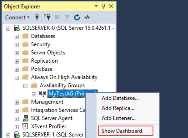 Screenshot: Objekt-Explorer in SSMS mit Auswahlmöglichkeiten zum Öffnen eines Dashboards für eine Verfügbarkeitsgruppe