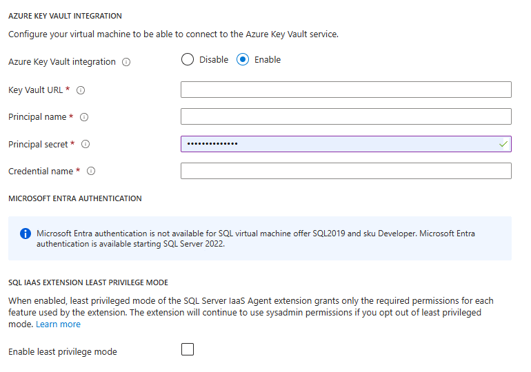 Screenshot: Key Vault-Integrationseinstellungen eines vorhandenen SQL Server auf Azure-VM im Azure-Portal.