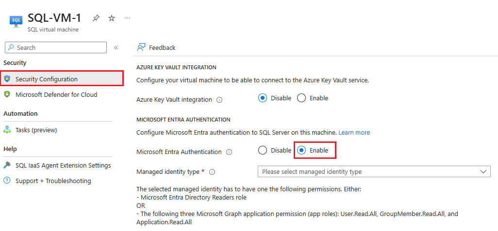 Screenshot: Sicherheitskonfigurationsseite für SQL-VM im Azure-Portal mit ausgewählter Microsoft Entra-Authentifizierung.