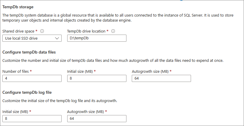 Screenshot: Konfigurieren der tempdb-Speicherung für Ihre SQL-VM.