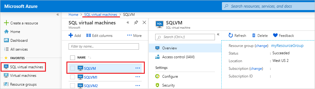 Screenshot: Zugriff auf die SQL-VM-Ressource im Azure-Portal