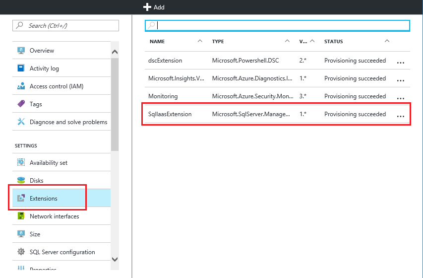 Screenshot des Status der SQL Server-IaaS-Agent-Erweiterung im Azure-Portal.