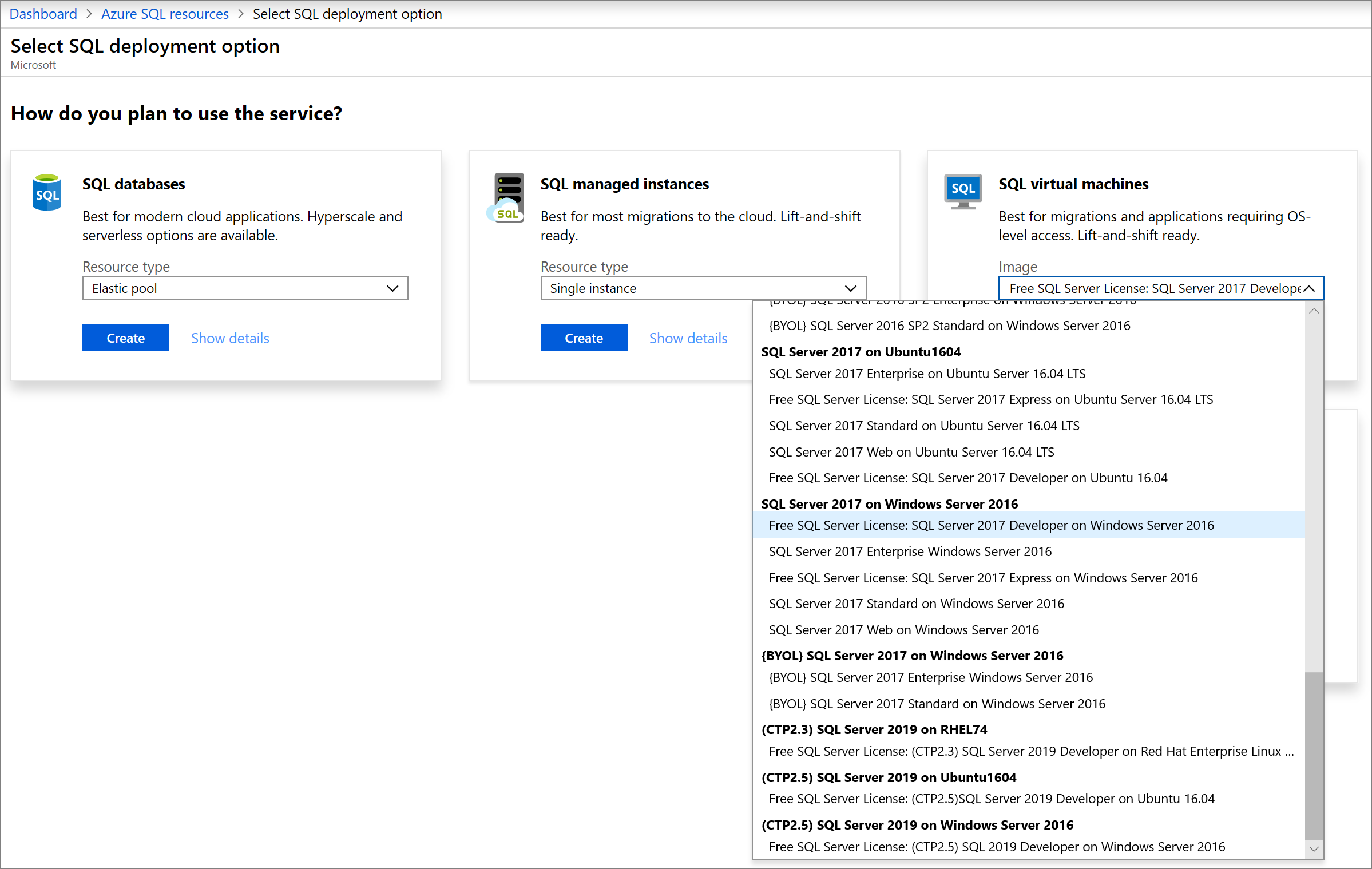 Screenshot, der zeigt, wo Sie das Image „Free SQL Server License: SQL Server 2017 Developer on Windows Server 2016“ (Kostenlose SQL Server-Lizenz: SQL Server 2017 Developer unter Windows Server 2016) auswählen