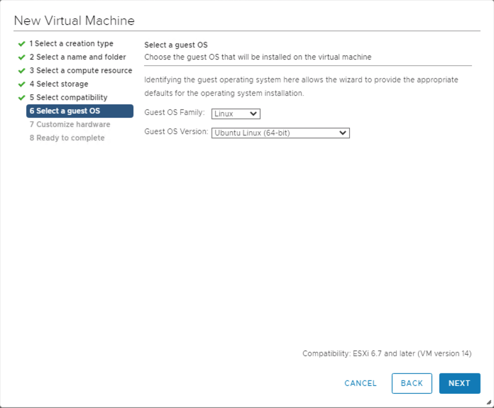 Screenshot showing the Guest OS Family and Guest OS version to install on the VM.