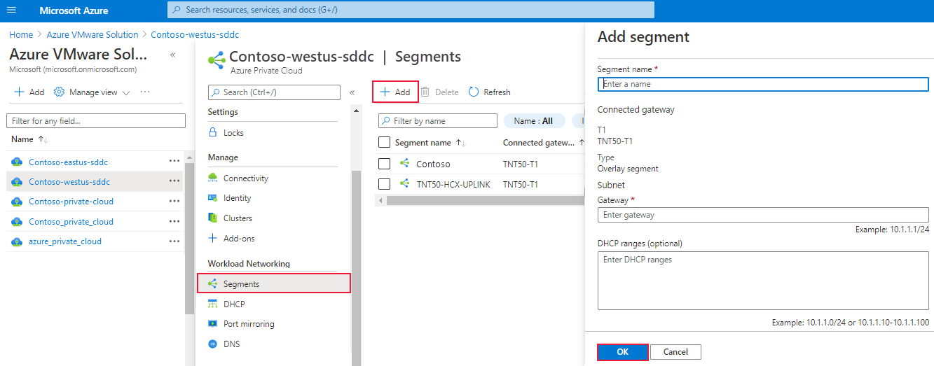 Screenshot, der zeigt, wie Sie ein neues NSX-Segment im Azure-Portal hinzufügen.