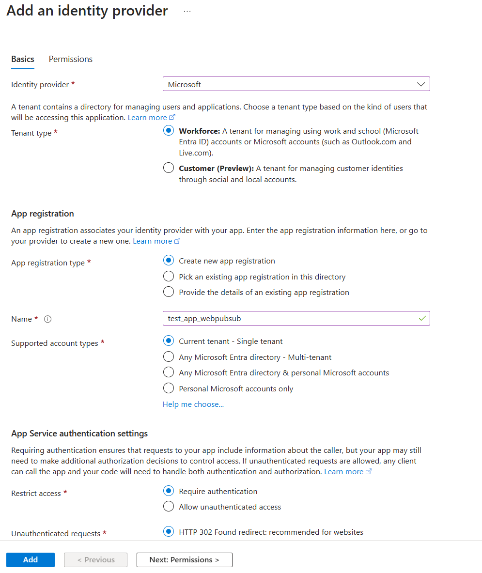 Screenshot, der grundlegende Informationen zum Hinzufügen eines Identitätsanbieters zeigt.