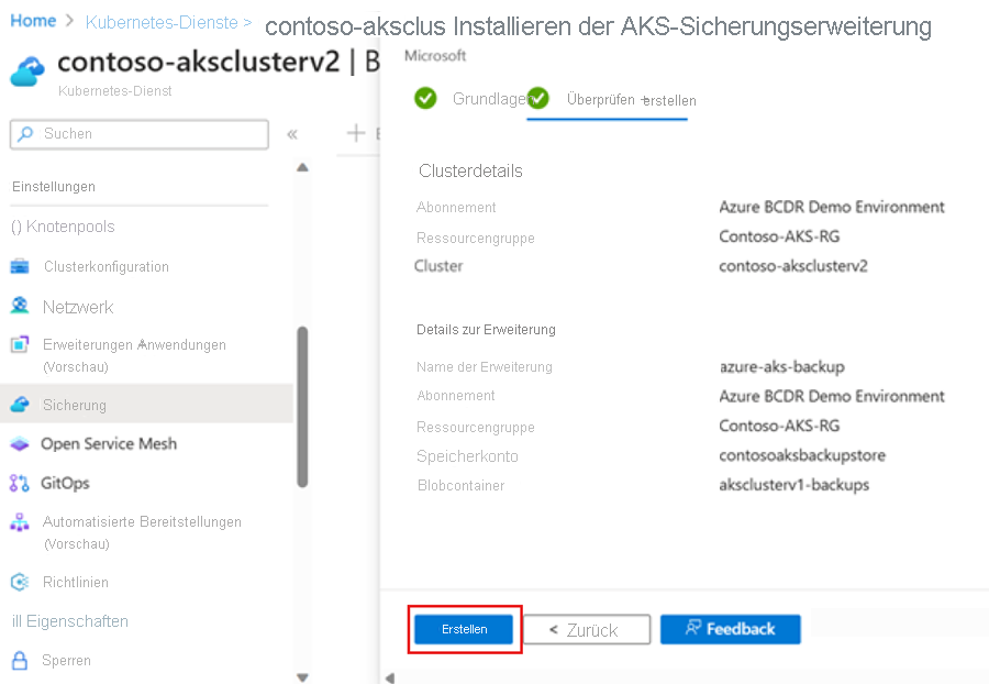 Screenshot: Überprüfen und Installieren der Sicherungserweiterung