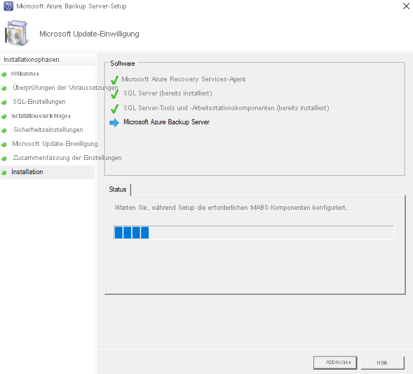 Screenshot shows the Azure Backup Server setup progress.