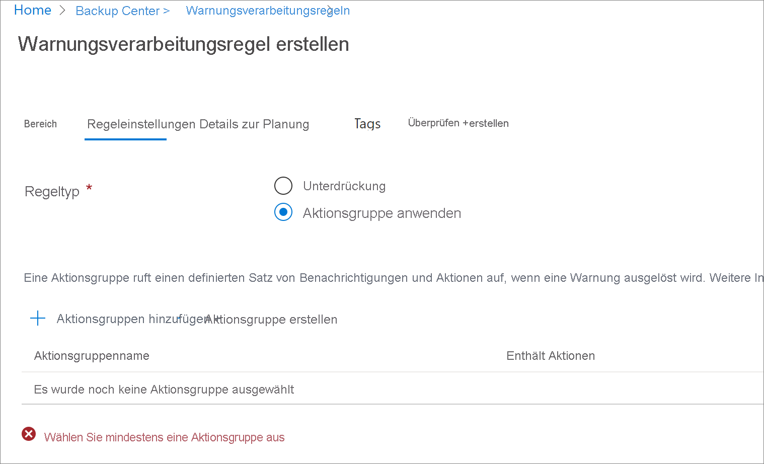 Screenshot: Erstellen einer neuen Aktionsgruppe