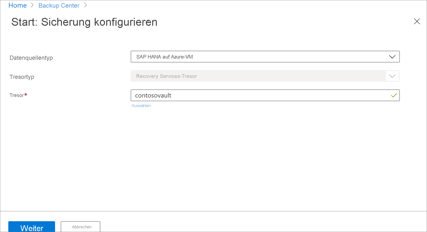 Screenshot showing to select an SAP HANA database in Azure VM.