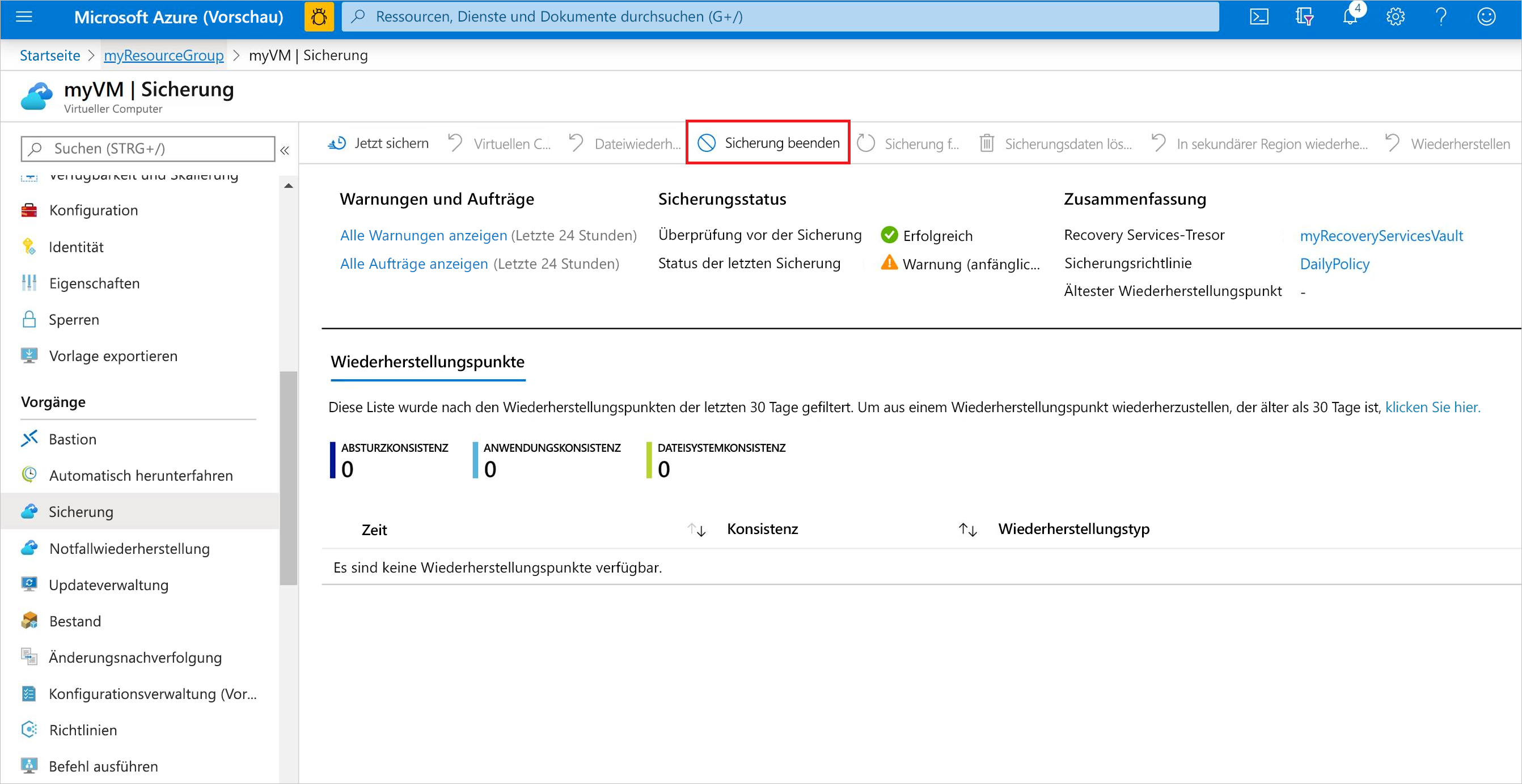 Screenshot: Beenden der VM-Sicherung aus dem Azure-Portal