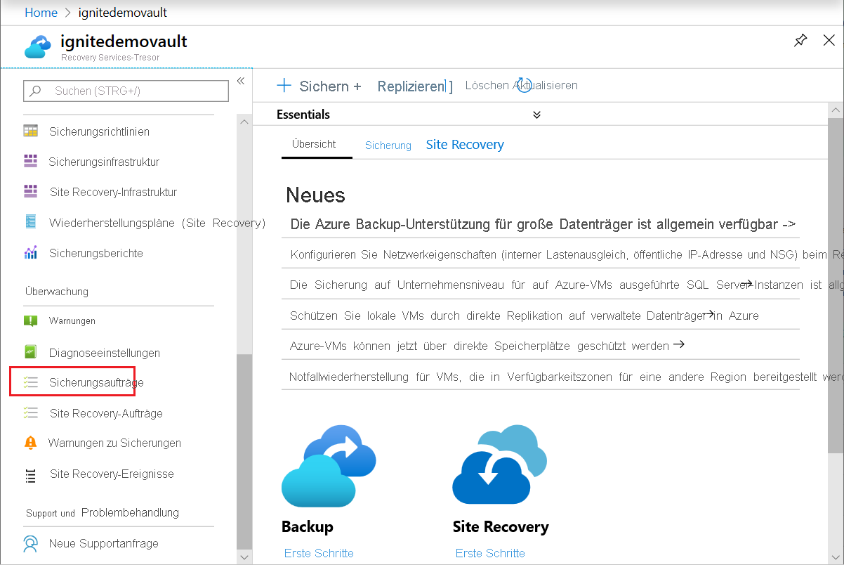 Screenshot: Manuell ausgelöste Aufträge im Abschnitt „Sicherungsaufträge“ im Azure-Portal