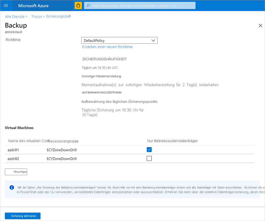 Configure backup for the OS disk only