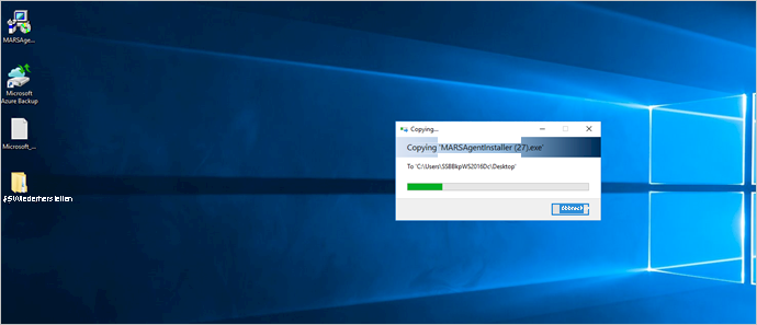 Screenshot shows how to copy Azure Backup agent update installer to server.