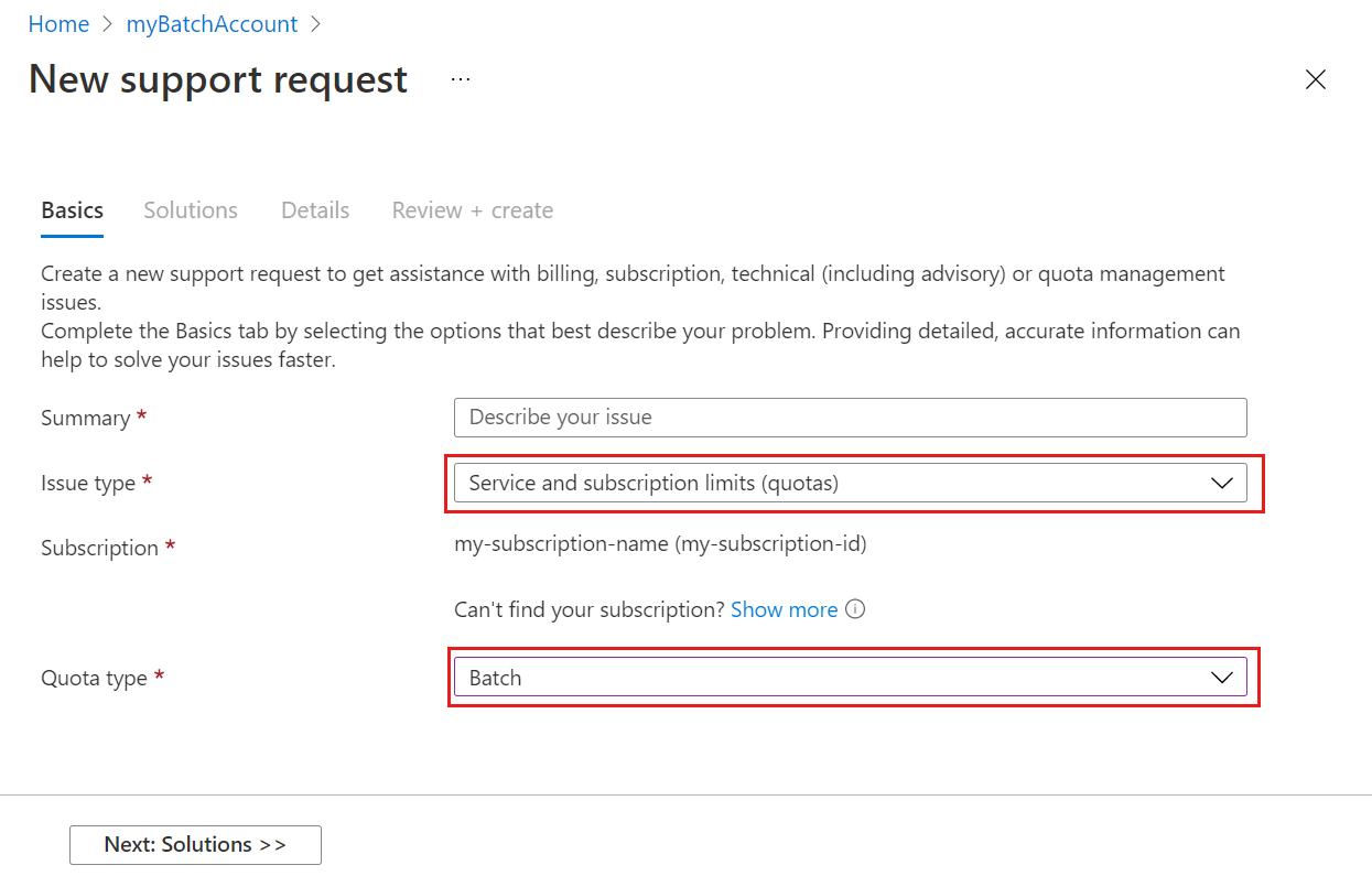 Screenshot der neuen Supportanfrage im Azure-Portal mit „Kontingent“ als Problemtyp und „Batch“ als Kontingenttyp.