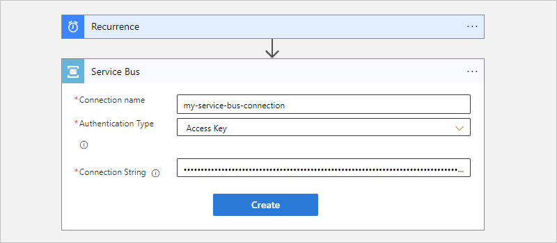 Screenshot: Workflow des Tarifs „Verbrauch“, Service Bus-Aktion und Beispielverbindungsinformationen