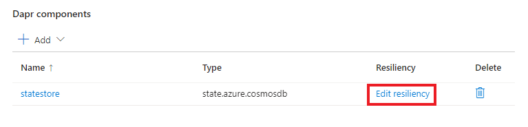 Screenshot: So können Sie vorhandene Resilienzrichtlinien für die entsprechende Dapr-Komponente bearbeiten.