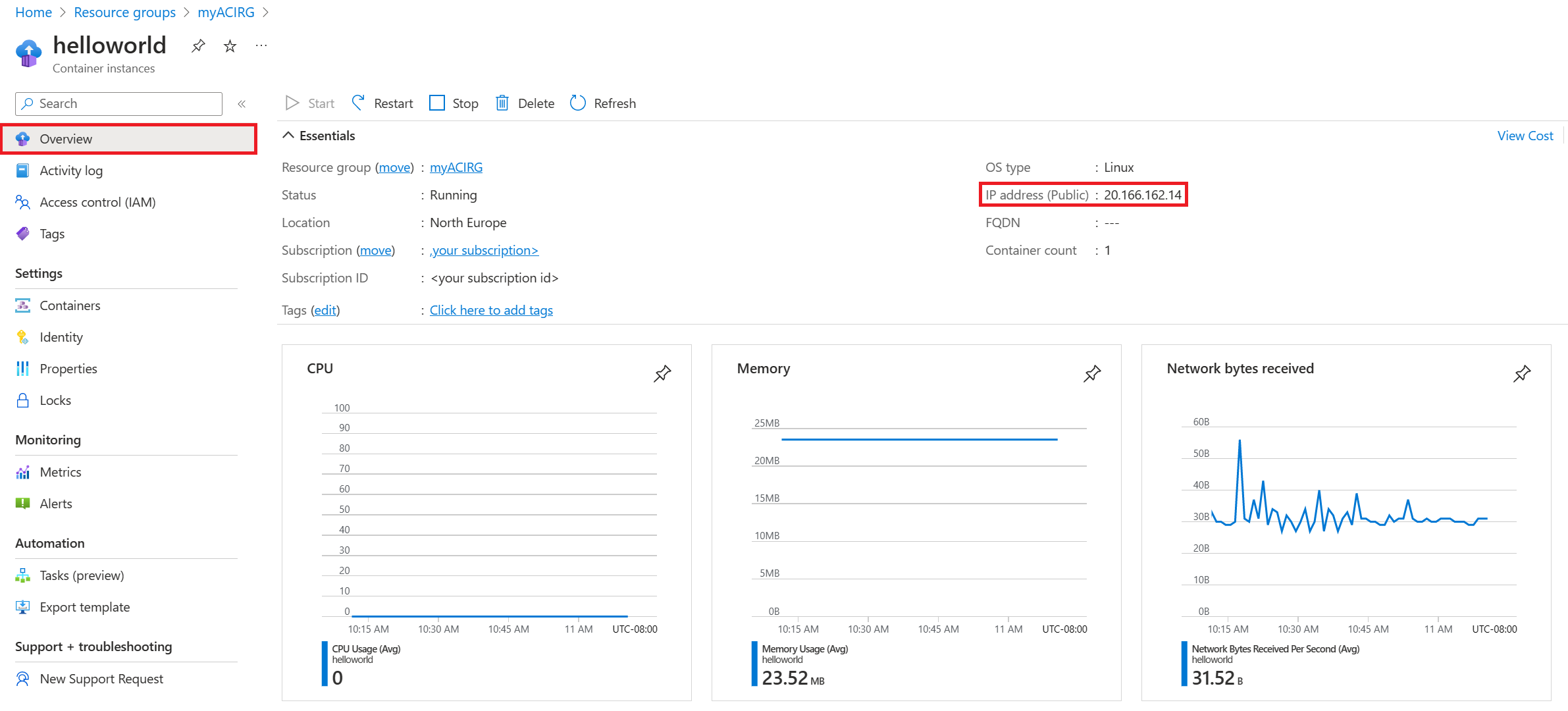 Screenshot der Übersichtsseite für die Containergruppeninstanz.